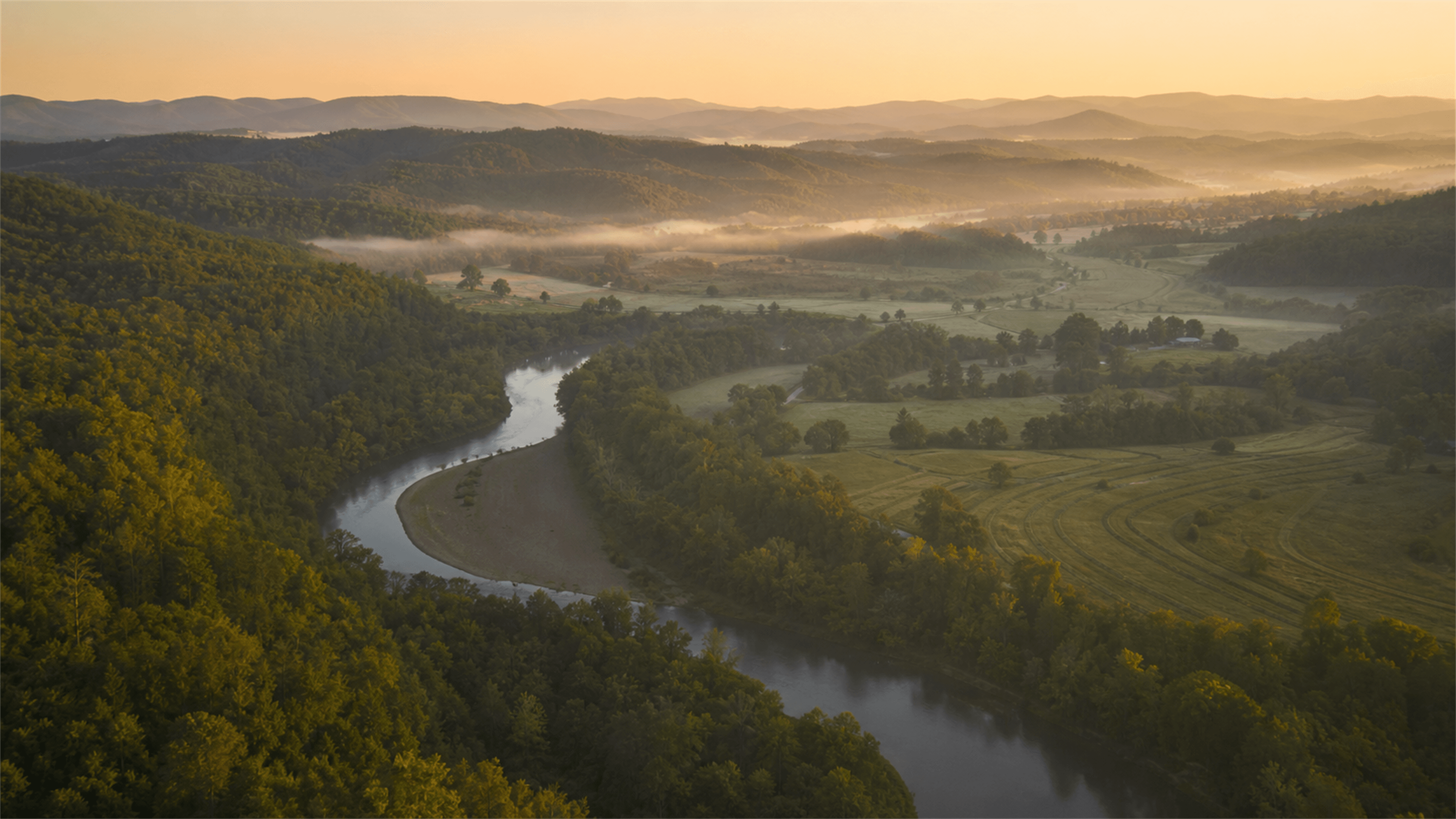 A regenerating working landscape at golden hour — forested ridgelines giving way to stewarded land below