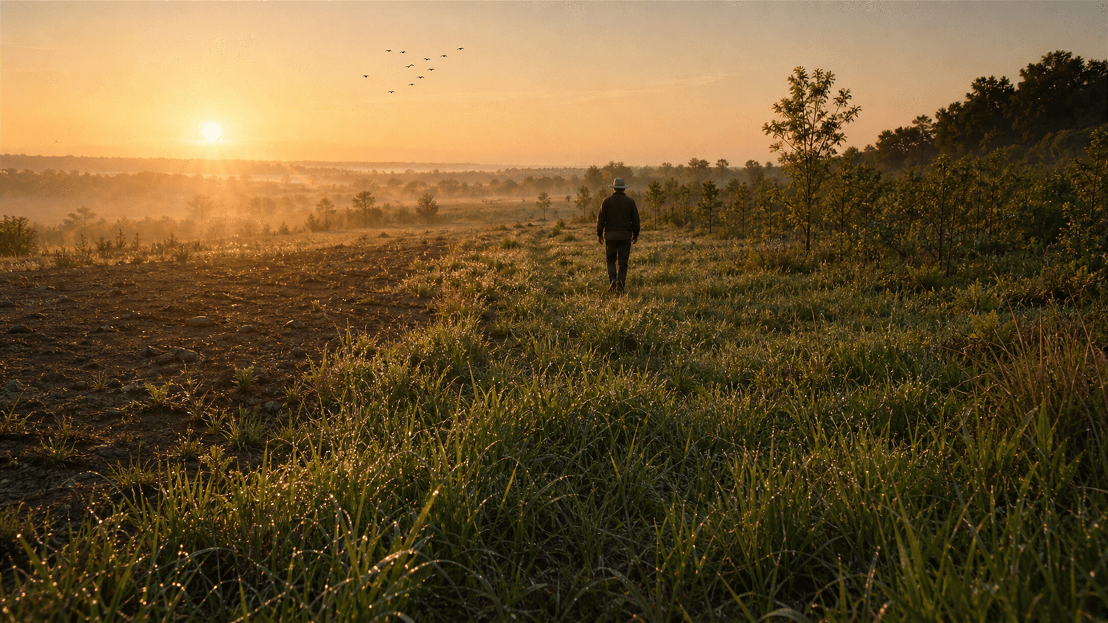 A stewarded working landscape at golden hour — the Integrative Process read at the scale of a whole place